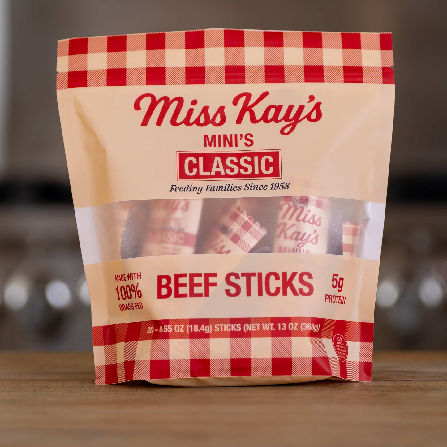 The Family Bundle's Classic Mini bag, holding 20 lunchbox-size 0.65 oz grass-fed beef sticks